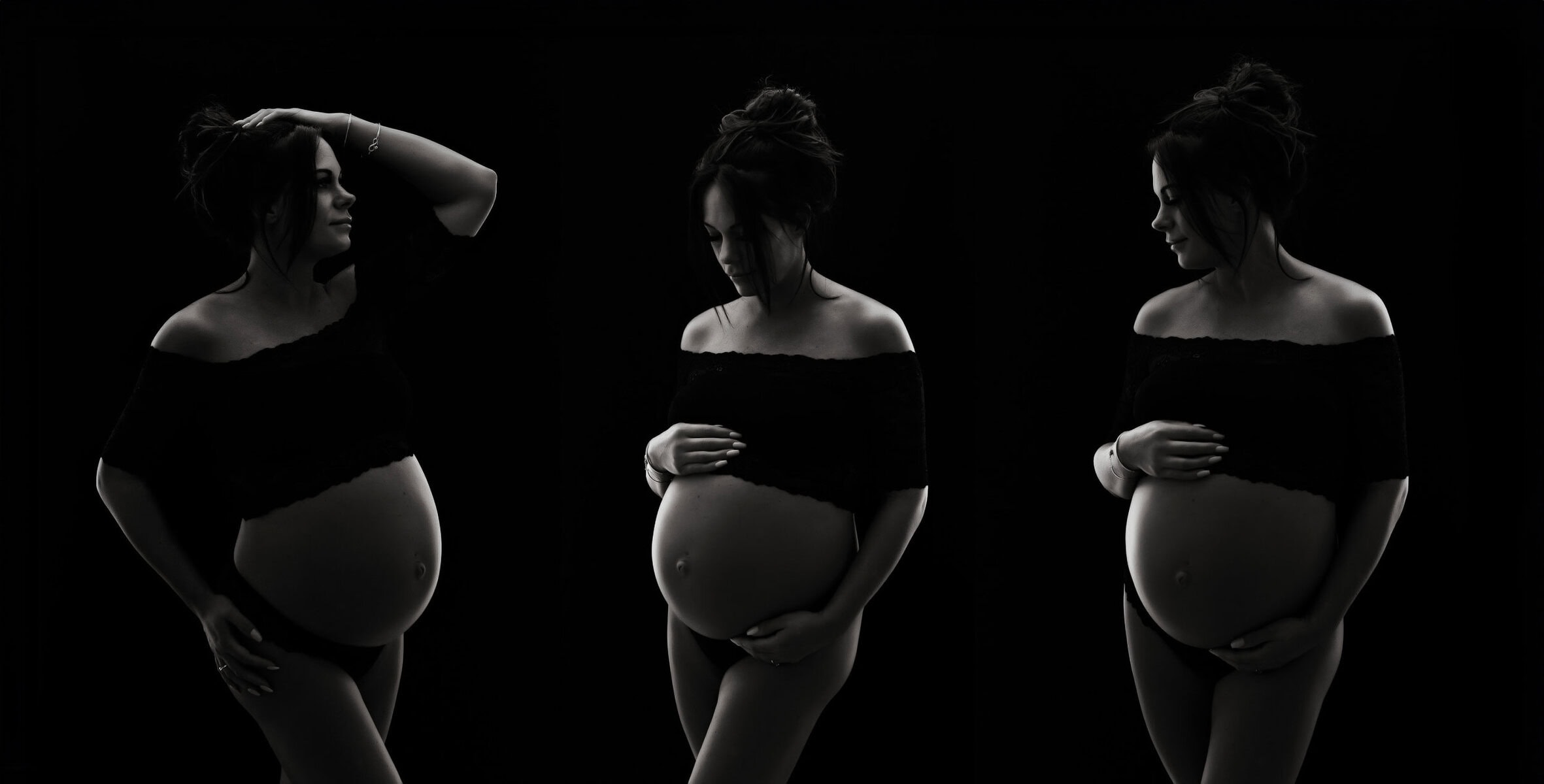 Fine Art Pregnancy portraits West Sussex. Three black-and-white Sussex maternity portraits capture a pregnant woman in different poses against a dark background, wearing an off-shoulder top and underwear.