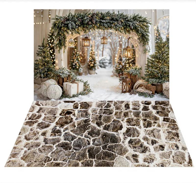 A festive holiday scene sets the perfect backdrop for kids Christmas portraits, with decorated trees, wrapped gifts, and lanterns under an arch of greenery, all atop a stone-patterned floor. Ideal for capturing magical christmas mini-session moments.