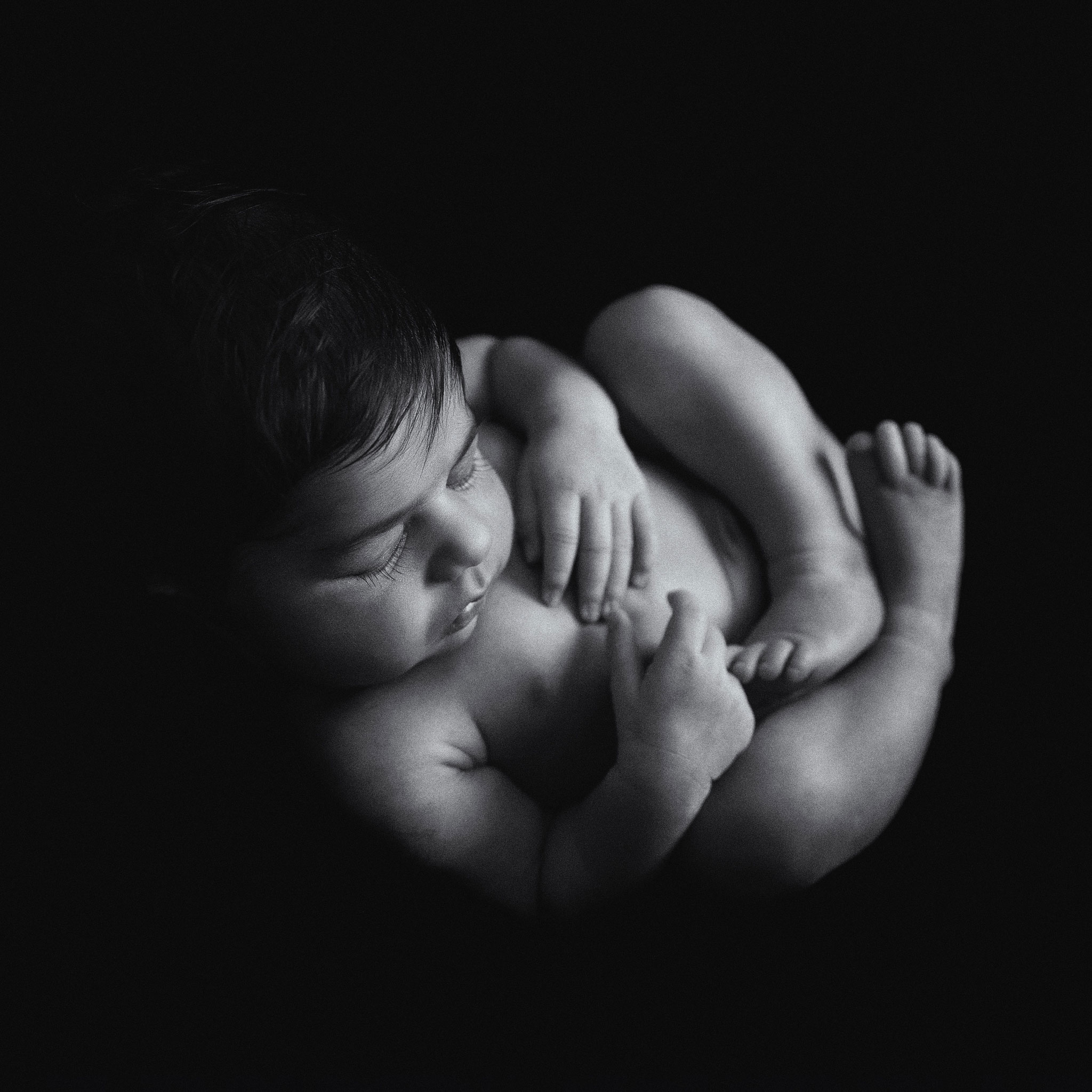 Award Winning Fine Art Newborn photography in Sussex. A beautiful image of a newborn baby sleeping in a curled up position. The image is backlit, and presented in a beauitful timeless black and white style. Picture by Baby Shoots Photography